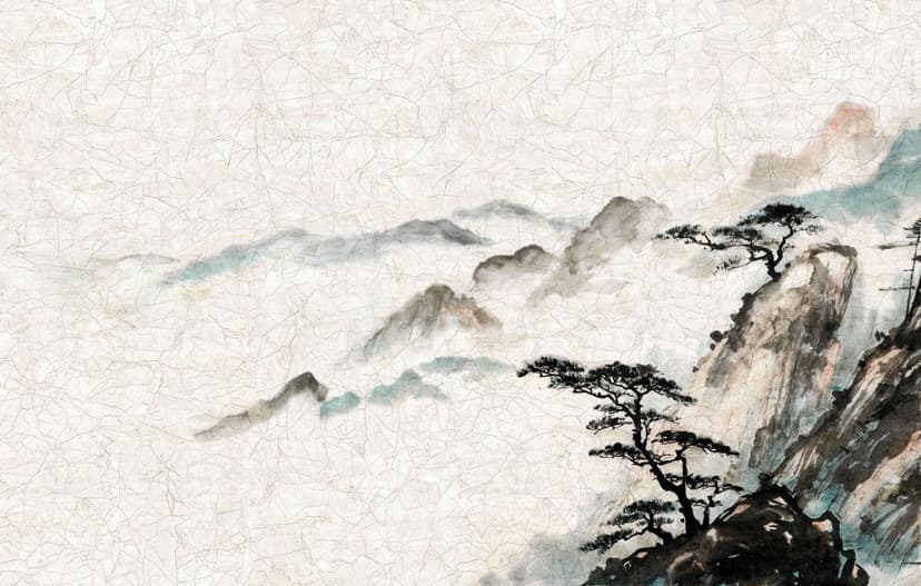 Fotomurale Paesaggio montano nebbioso con raggio di luce e pino in inchiostro 2,7 x 4,24 m