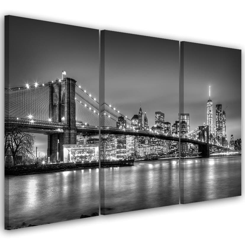 Stampa su tela 3 pezzi, New York Brooklyn Bridge in bianco e nero