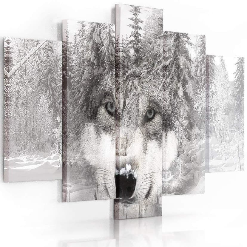 Stampa su tela 5 pezzi, lupo foresta animale grigio