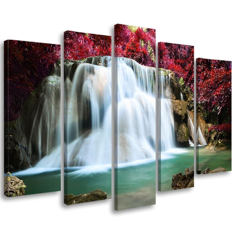 Stampa su tela 5 pezzi, cascata foresta montagna
