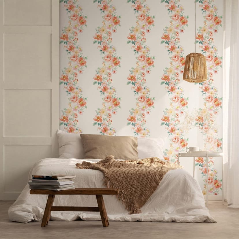 Carta da parati da tessuto non tessuto fiori natura floreale, romantica, moderna opaca in bianco arancio