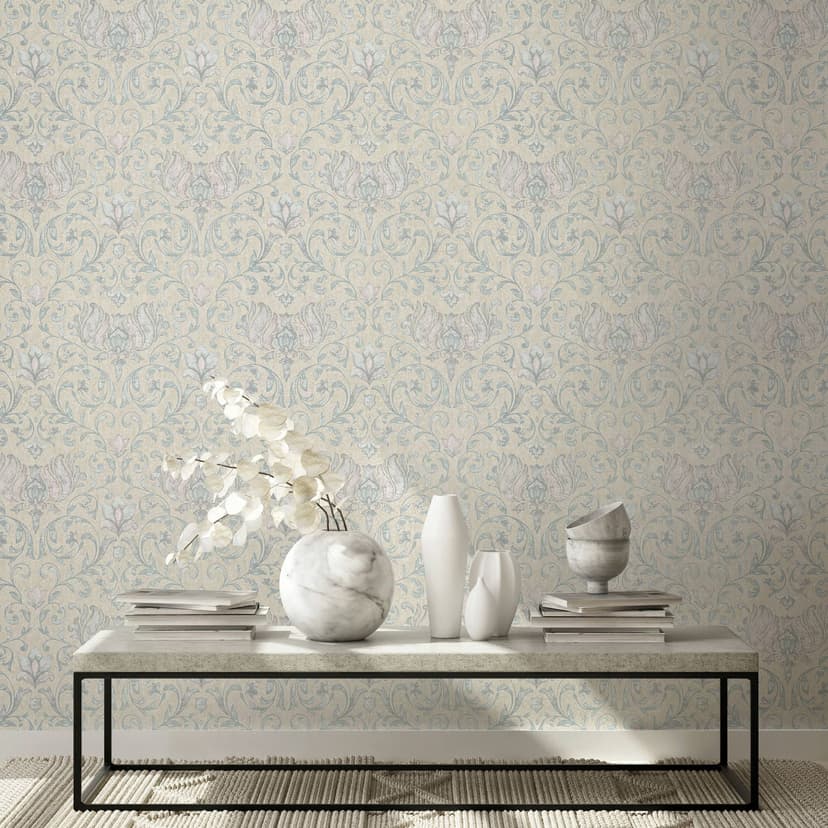 Carta da parati in tessuto non tessuto con fiori, foglie ornamentali motivi floreali beige lucido