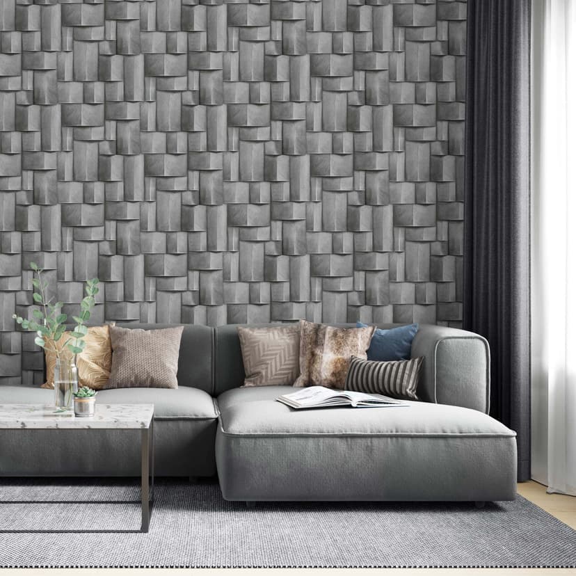 Carta da parati in tessuto non tessuto con motivi di legno grigio geometrico 3D look