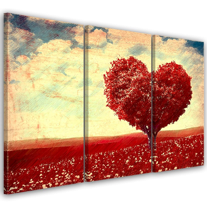 Stampa su tela 3 pezzi, paesaggio albero cuore rosso