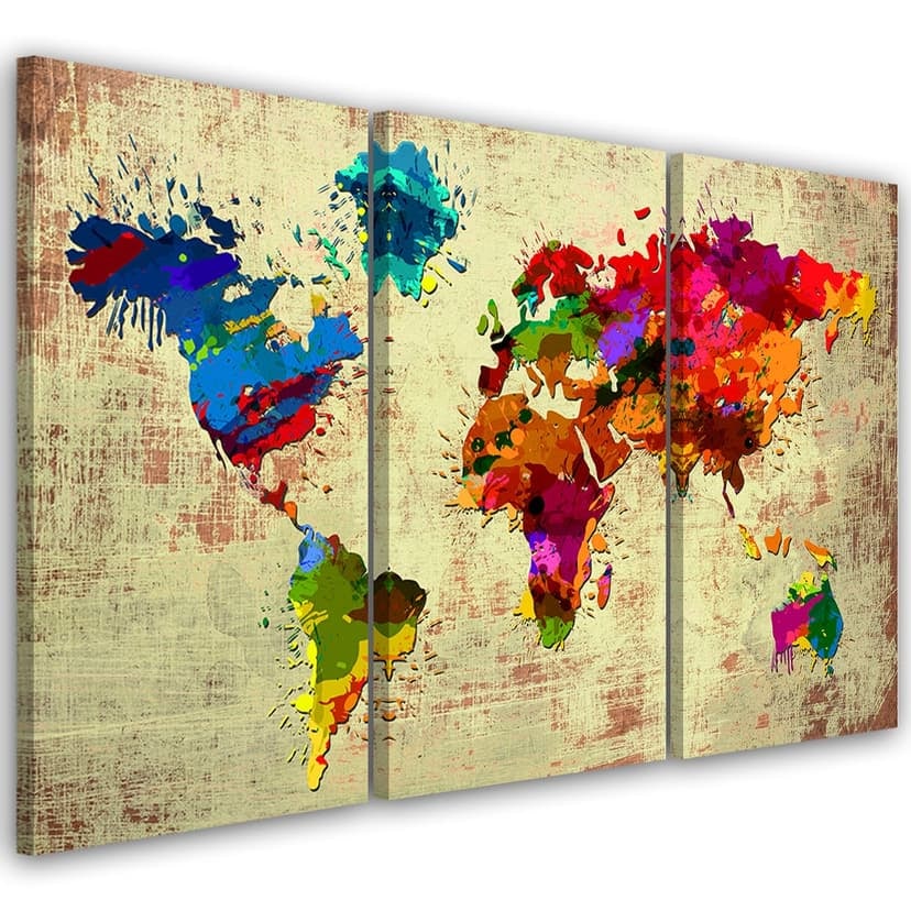 Stampa su tela 3 pezzi Mappa del mondo colorata