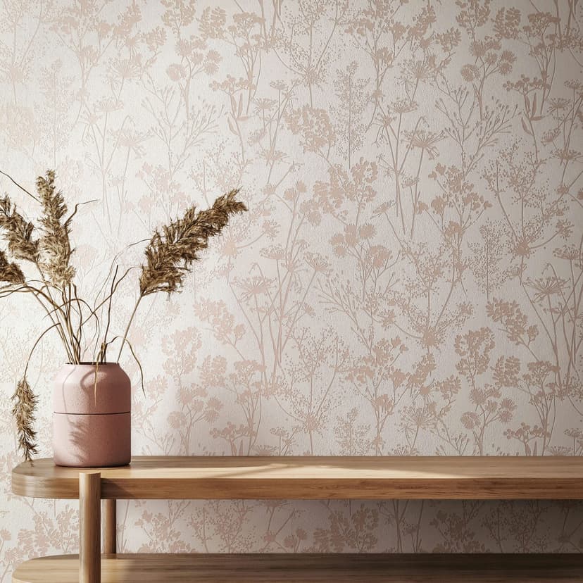 Carta da parati in tessuto non tessuto di colore bianco, beige con motivo a foglia e natura floreale