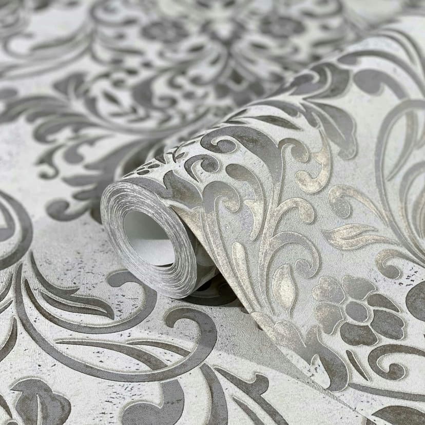 Carta da parati in tessuto non tessuto con motivi damascati ornamentali grigio ornamentale