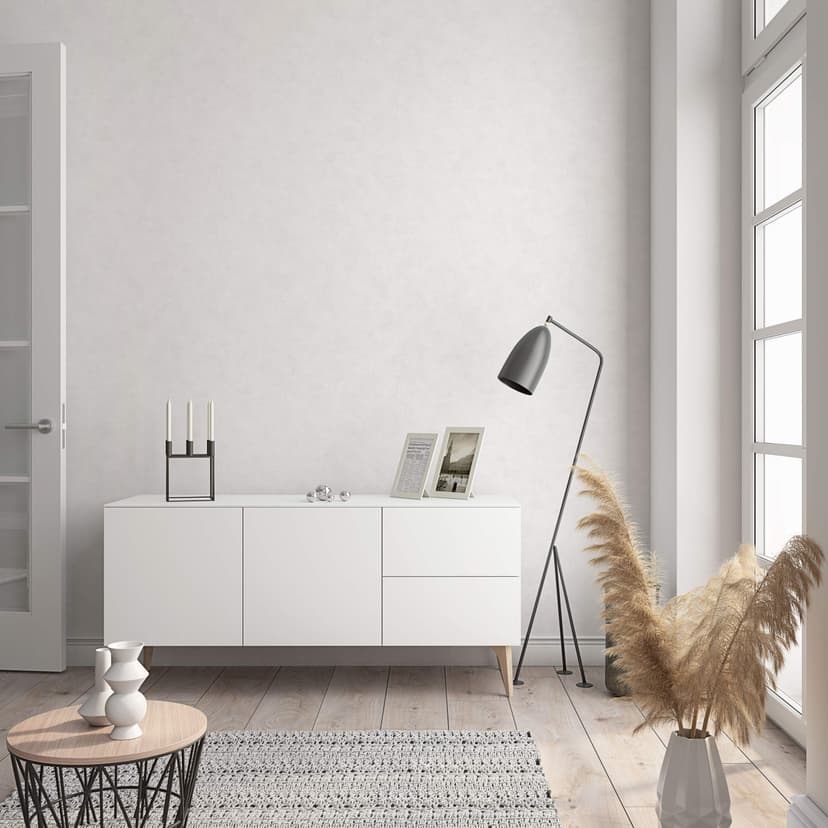 Carta da parati in tessuto non tessuto con look monocromatico moderno e texture in bianco, grigio tinta unita