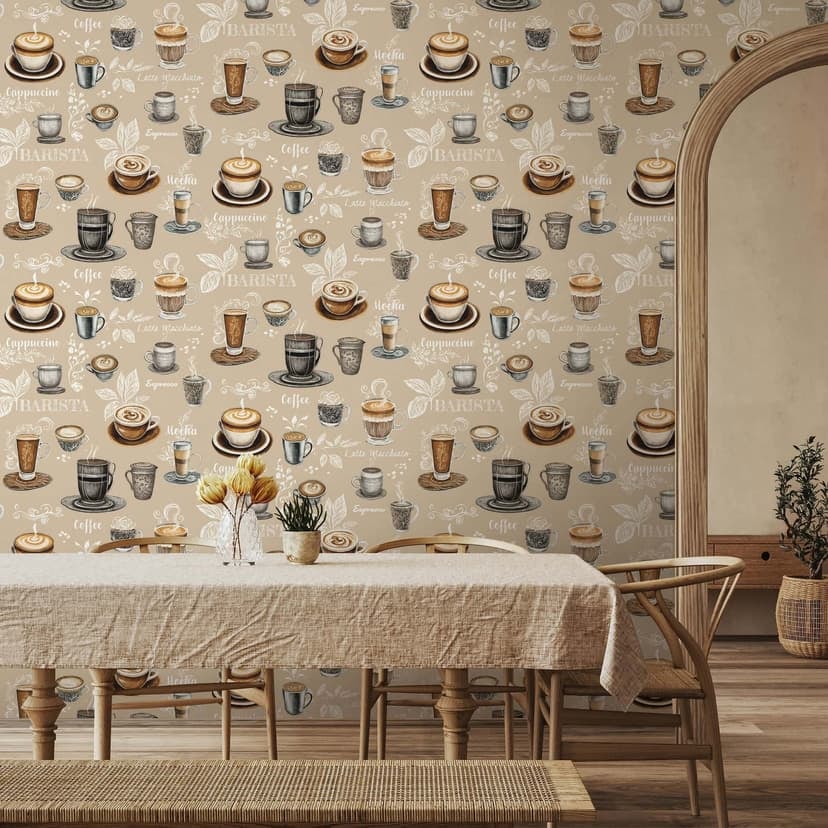 Carta da parati in tessuto non tessuto con motivo caffè, grafica moderna opaca in beige