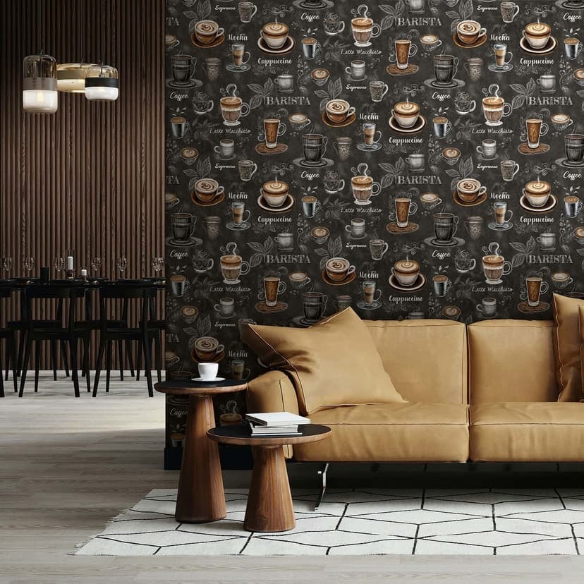 Carta da parati da parati in tessuto non tessuto con motivo caffè, grafica moderna opaca in nero