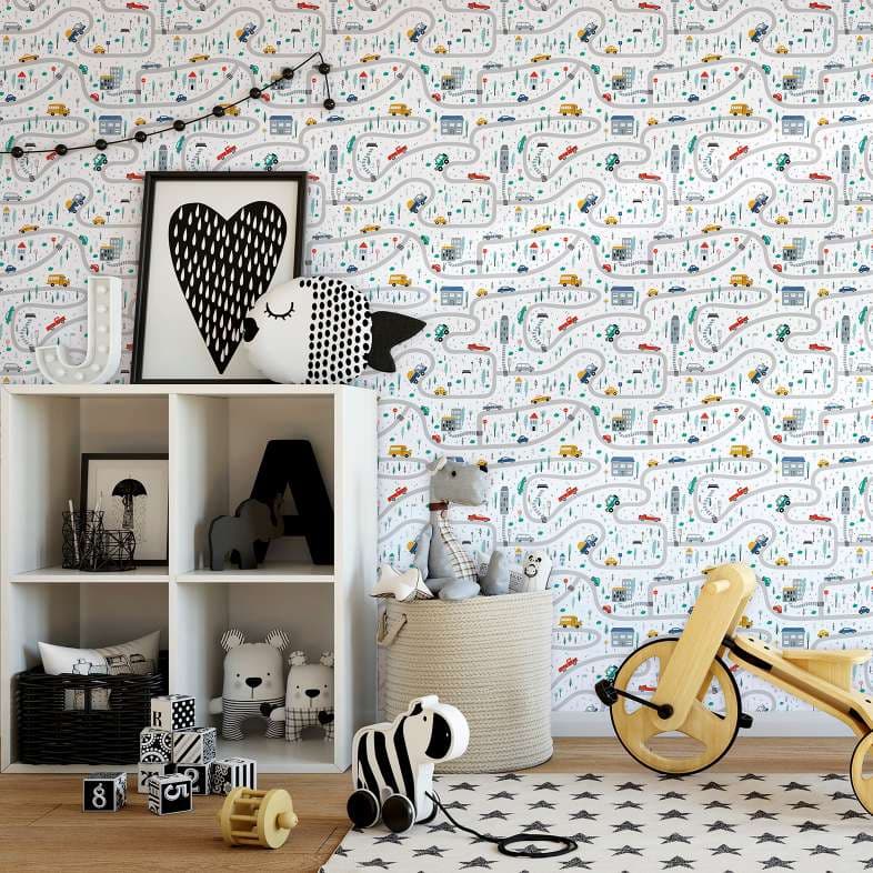 Carta da parati per bambini, carta da parati in tessuto non tessuto con illustrazione Kids Walls bianca, colorata