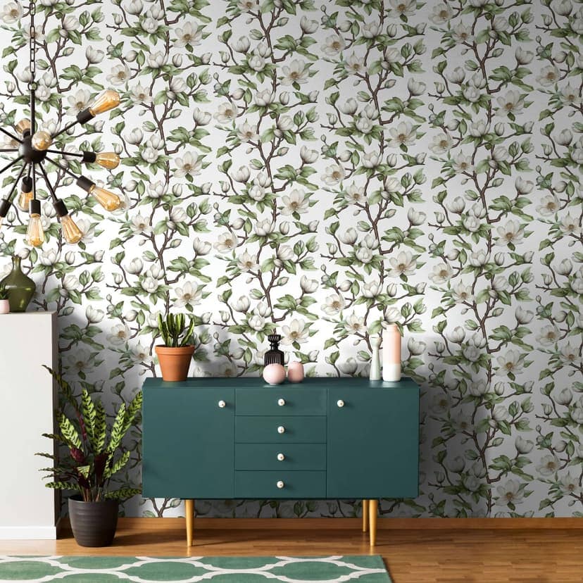 Carta da parati in tessuto non tessuto rami, fiori natura floreale bianco verde