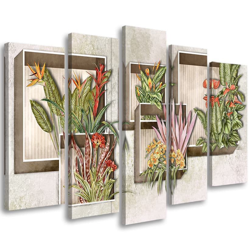 Stampa su tela 5 pezzi, scatole quadrate mensole con fiori