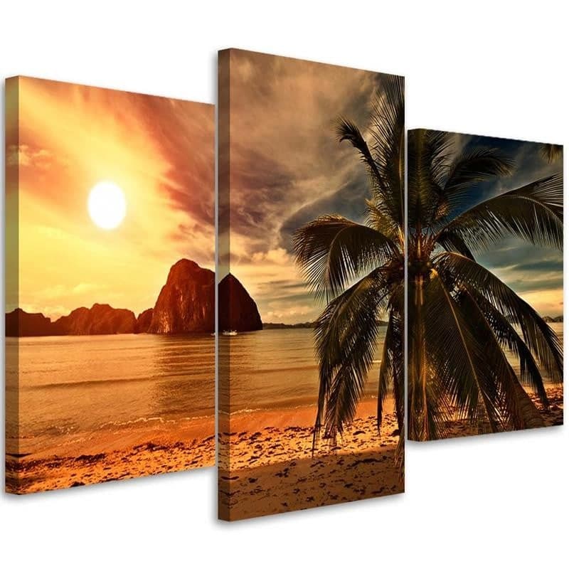 Stampa su tela 3 pezzi, palme al tramonto