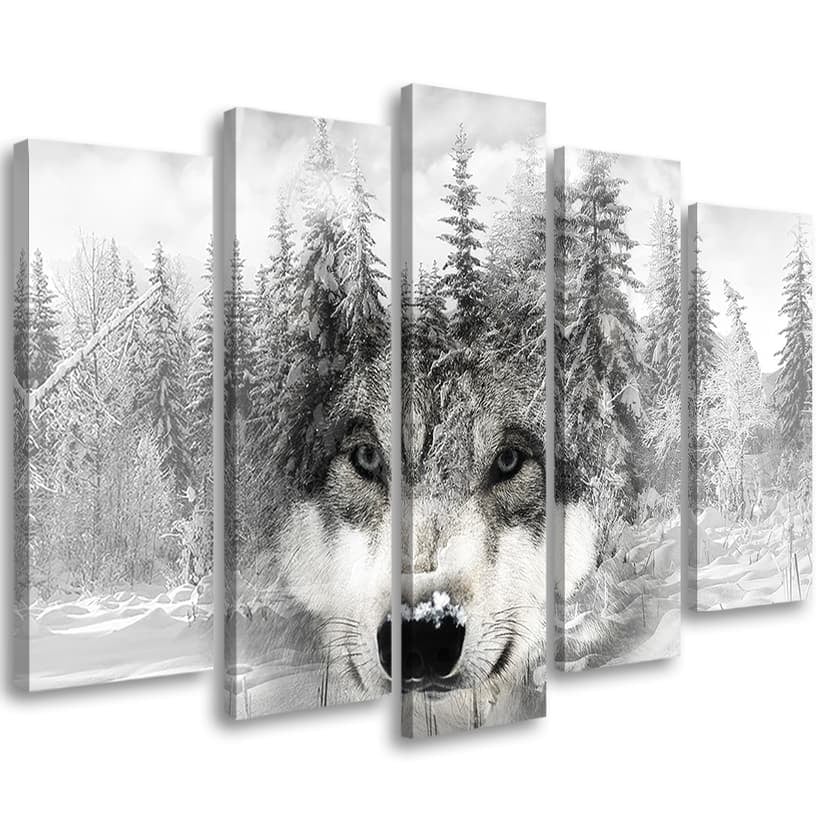 Stampa su tela 5 pezzi, Wolf Forest Nature Grey