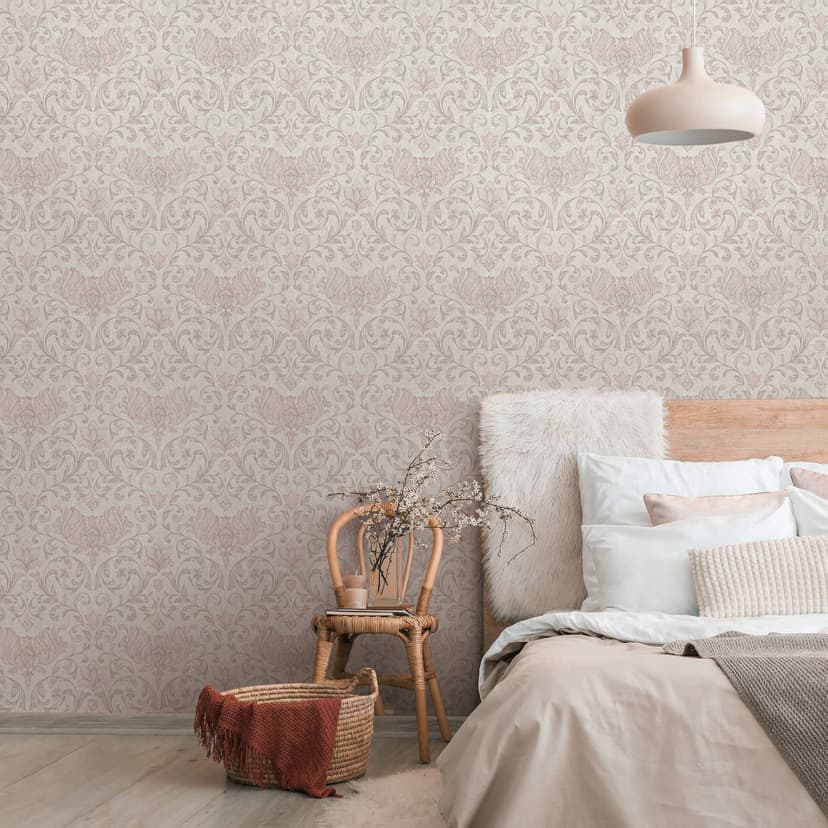 Carta da parati in tessuto non tessuto con fiori, foglie ornamentali grigio lucido, motivi floreali