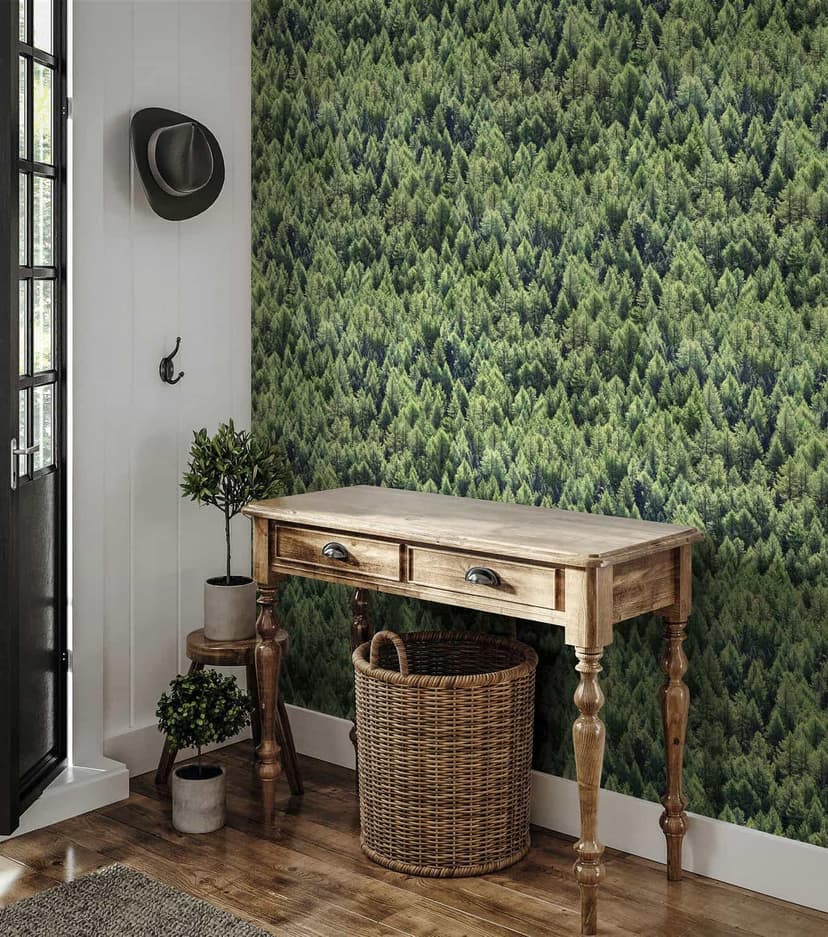 Carta da parati in tessuto non tessuto in look foresta con conifere verde floreale