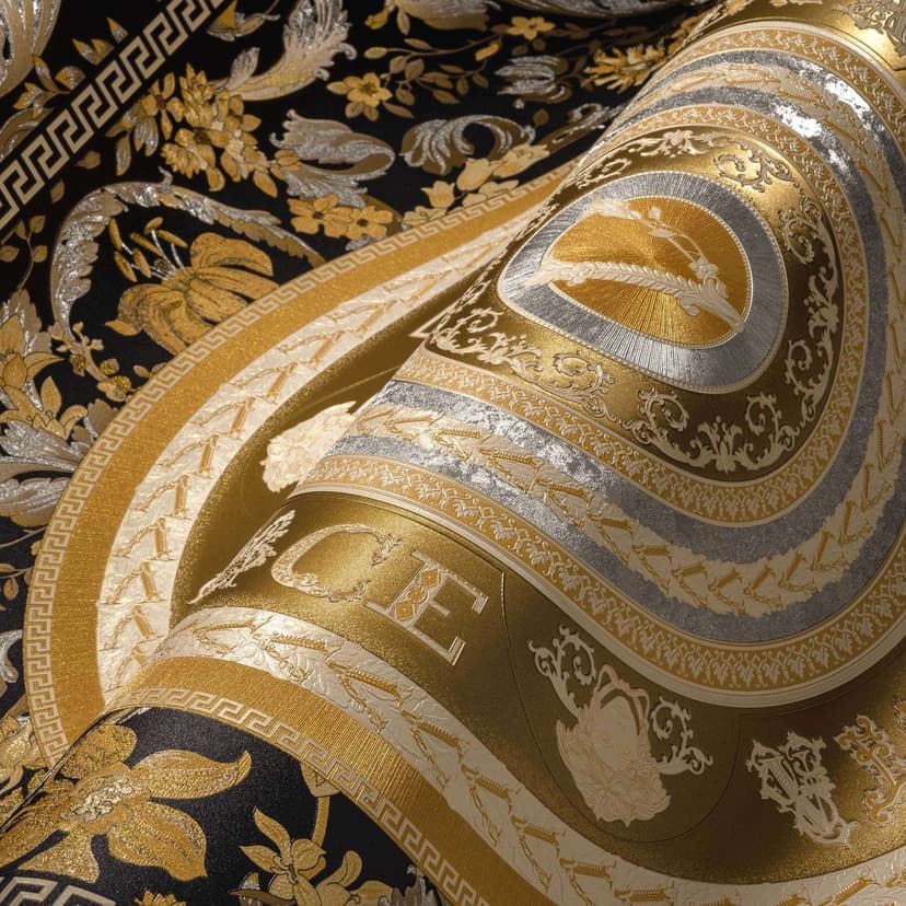 Carta da parati design Versace in tessuto non tessuto oro e nero con teste di medusa floreali