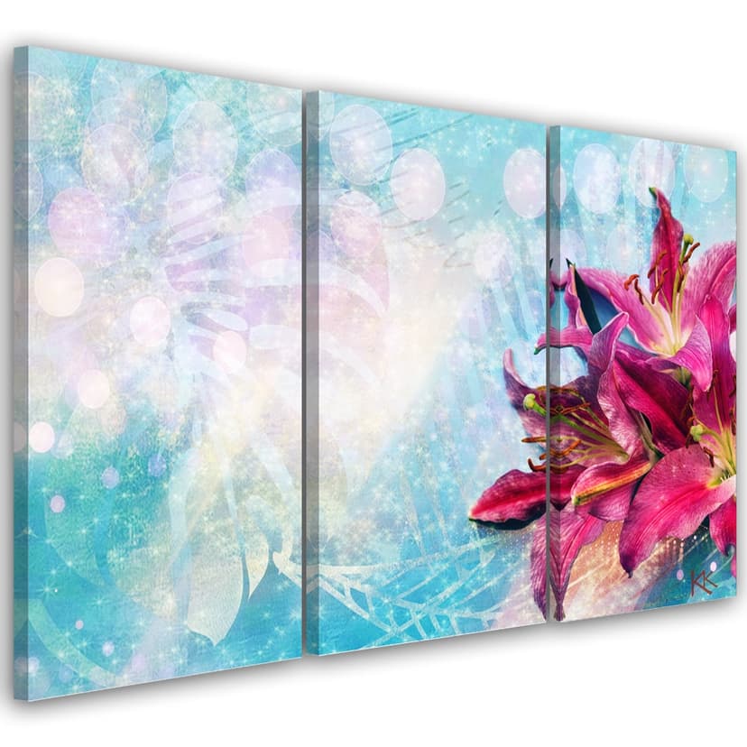 Stampa su tela 3 pezzi, fiori rosa su sfondo blu