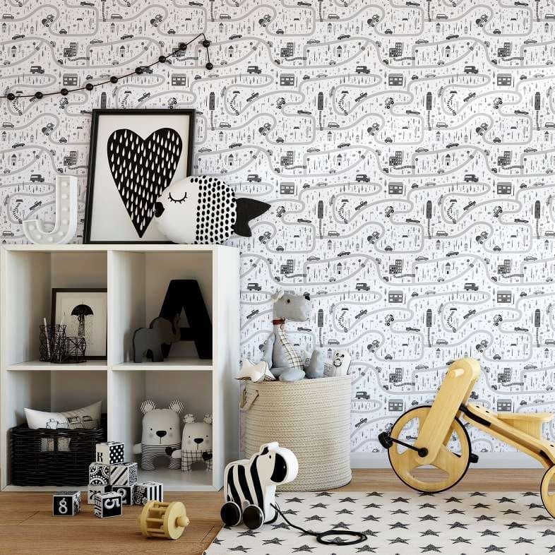 Carta da parati per bambini, carta da parati in tessuto non tessuto con illustrazione Kids Walls bianca, grigia