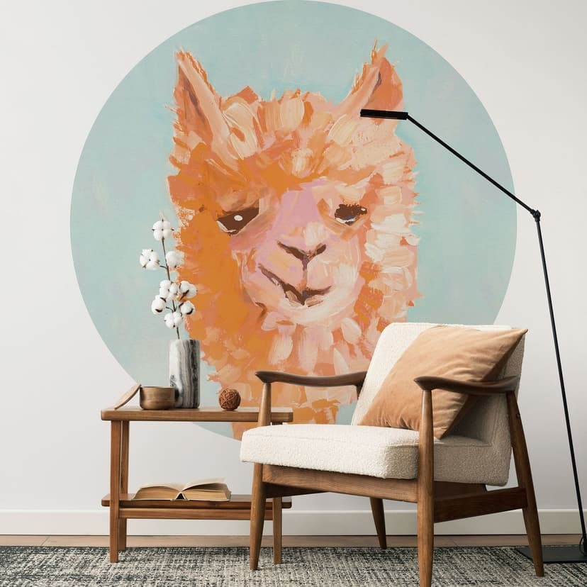 Fotomurale con motivo animale - Alpaca arancione - Zwara - Rotondo - carta da parati in tessuto non