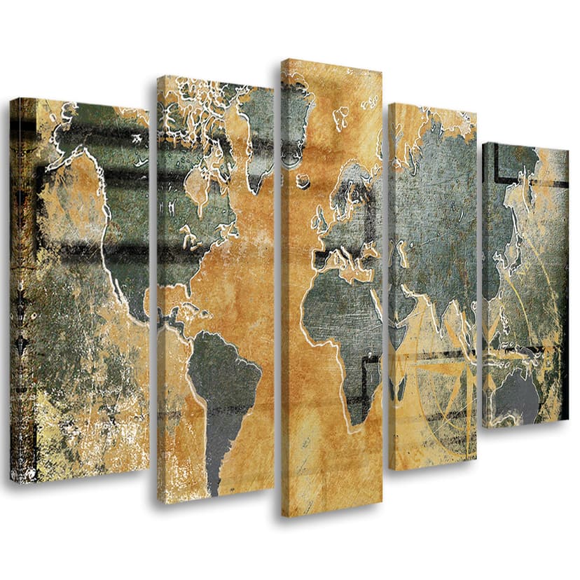 Stampa su tela 5 pezzi, mappa del mondo retrò