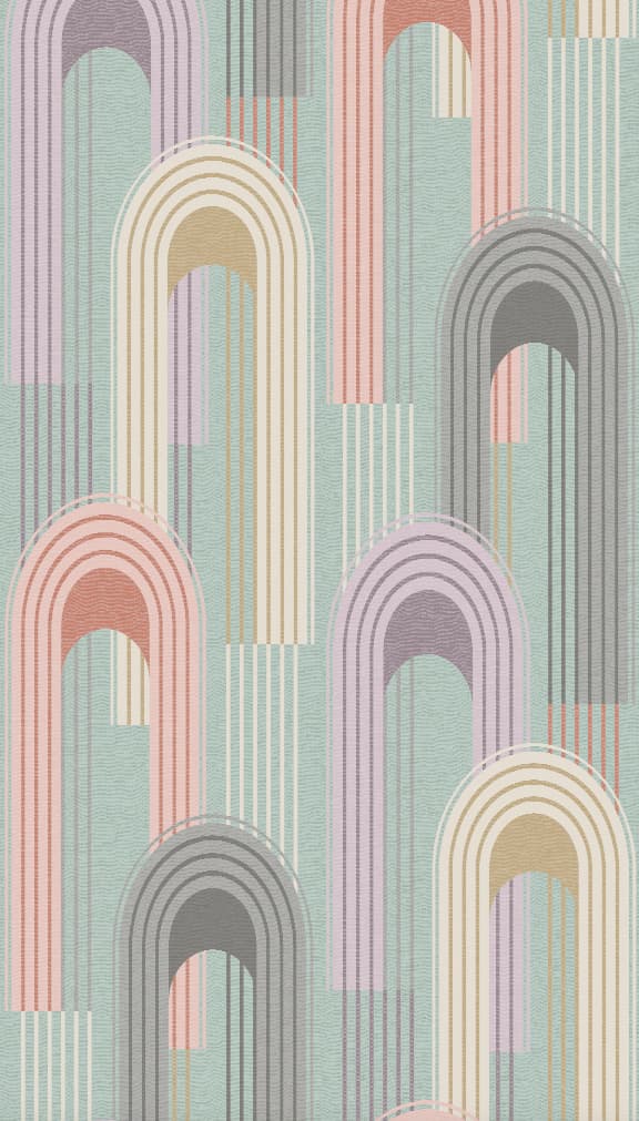 Carta da parati in tessuto non tessuto con motivi ad arco tondo in verde, grafica beige