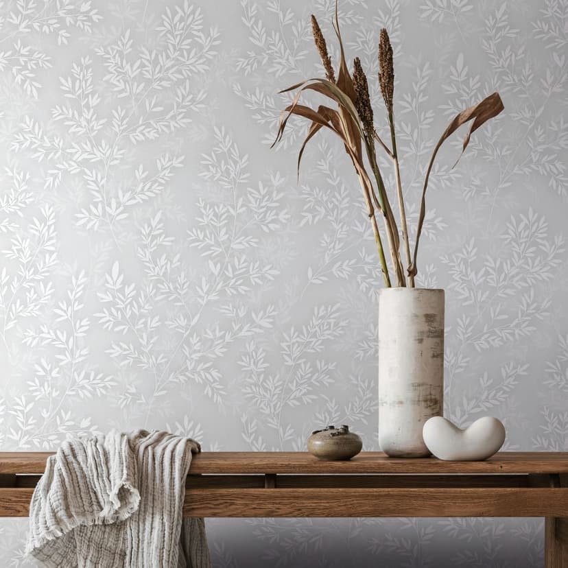 Carta da parati da parati in tessuto non tessuto con foglie di natura floreale opaca in grigio bianco