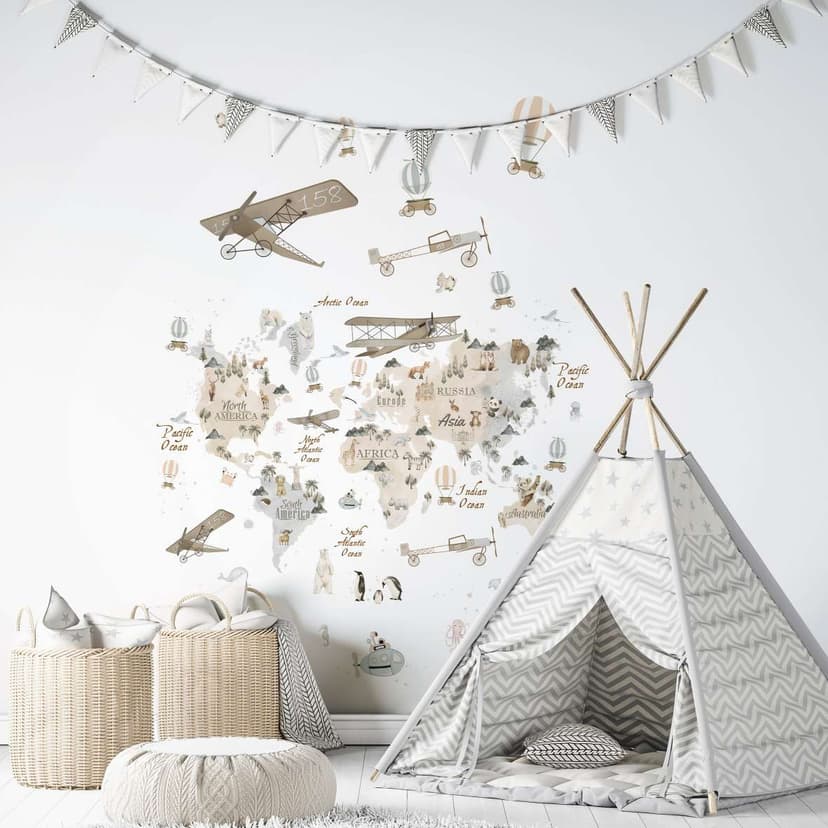 Carta da parati per bambini, carta da parati in tessuto non tessuto con illustrazione Kids Walls bianco, beige
