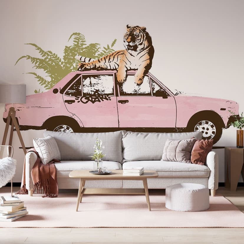 Fotomurale Tigre su auto rosa - Bodart