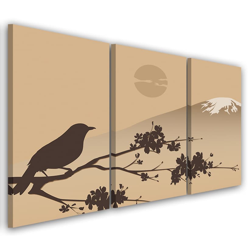 Stampa su tela 3 pezzi Giappone Fuji Uccello Beige