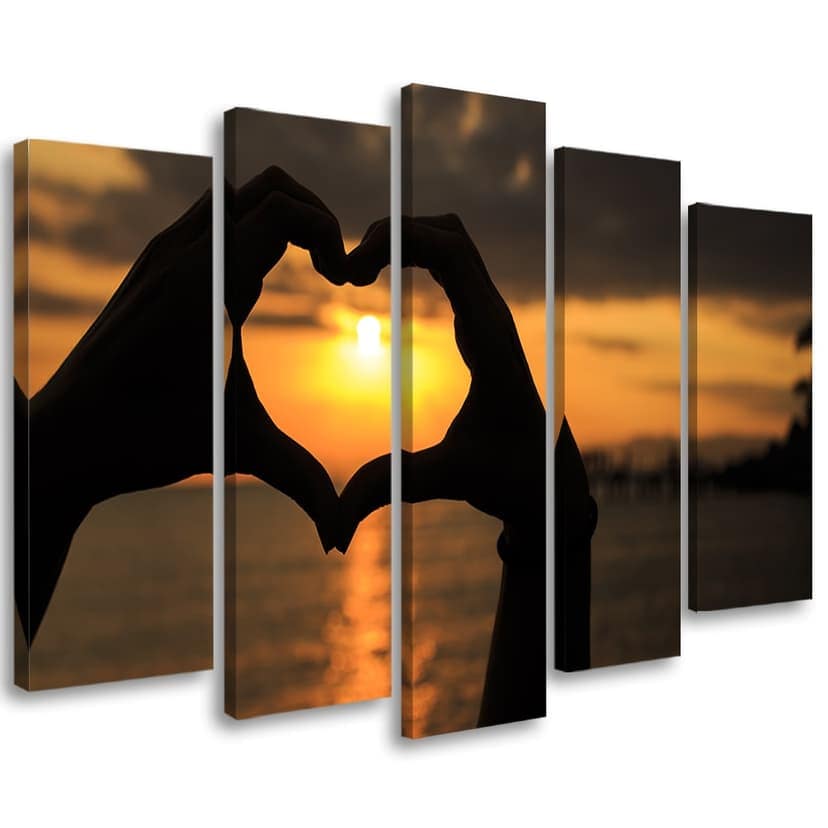 Stampa su tela 5 pezzi Mani in un tramonto a cuore