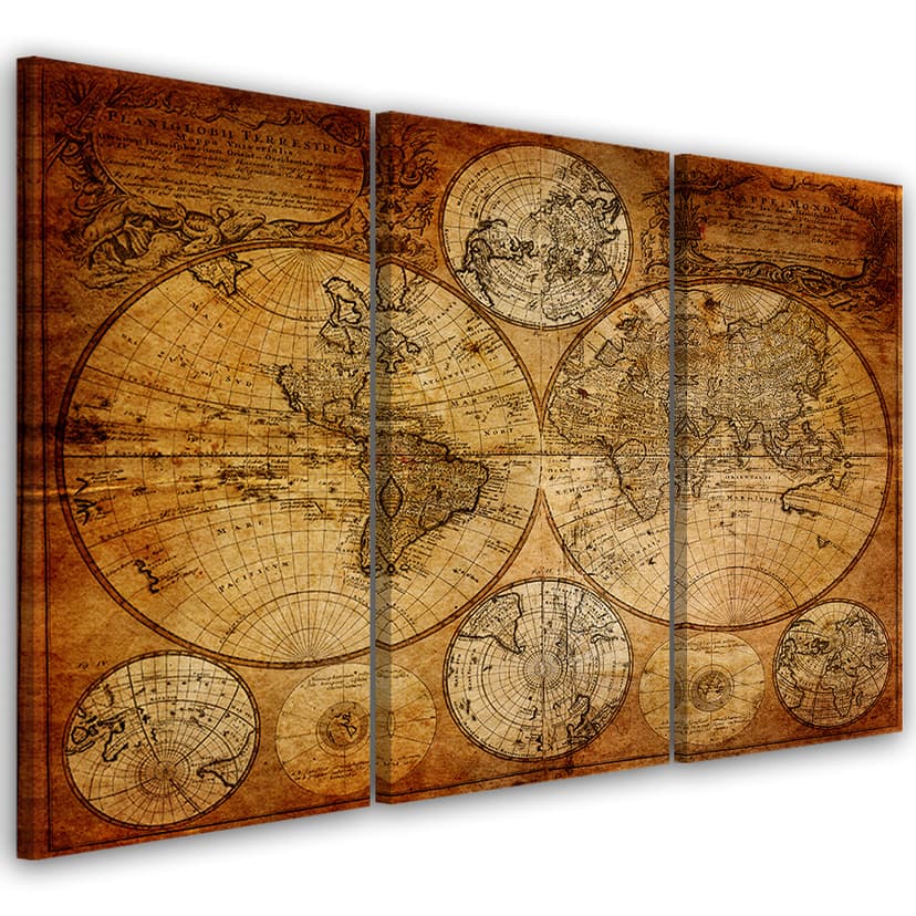 Stampa su tela 3 pezzi, mappa del vecchio mondo
