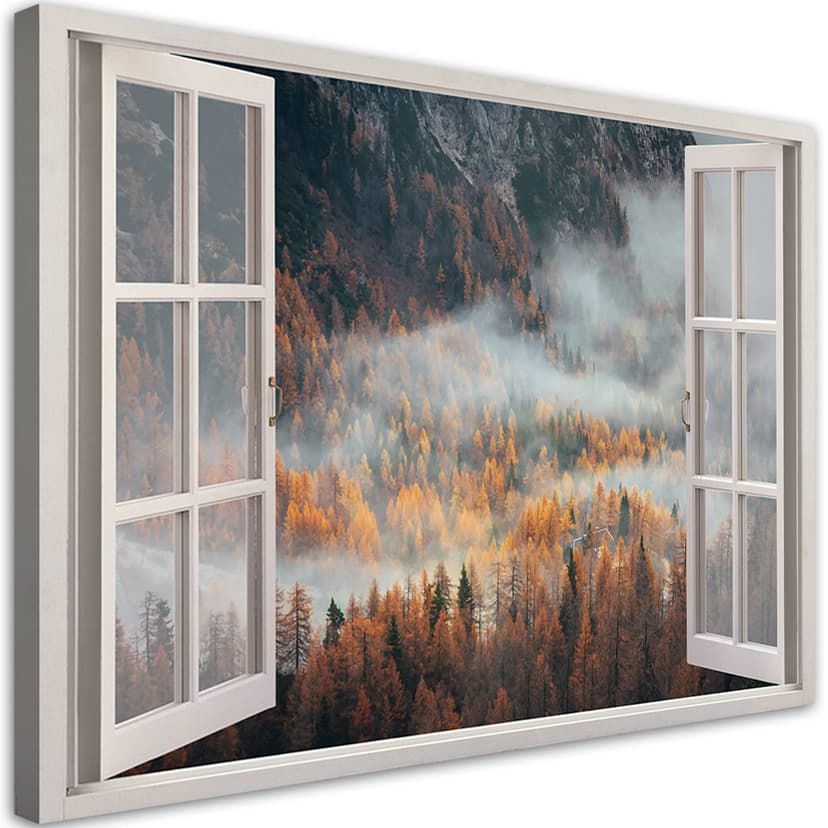 Stampe su tela, Finestra vista foresta nella nebbia Montagna