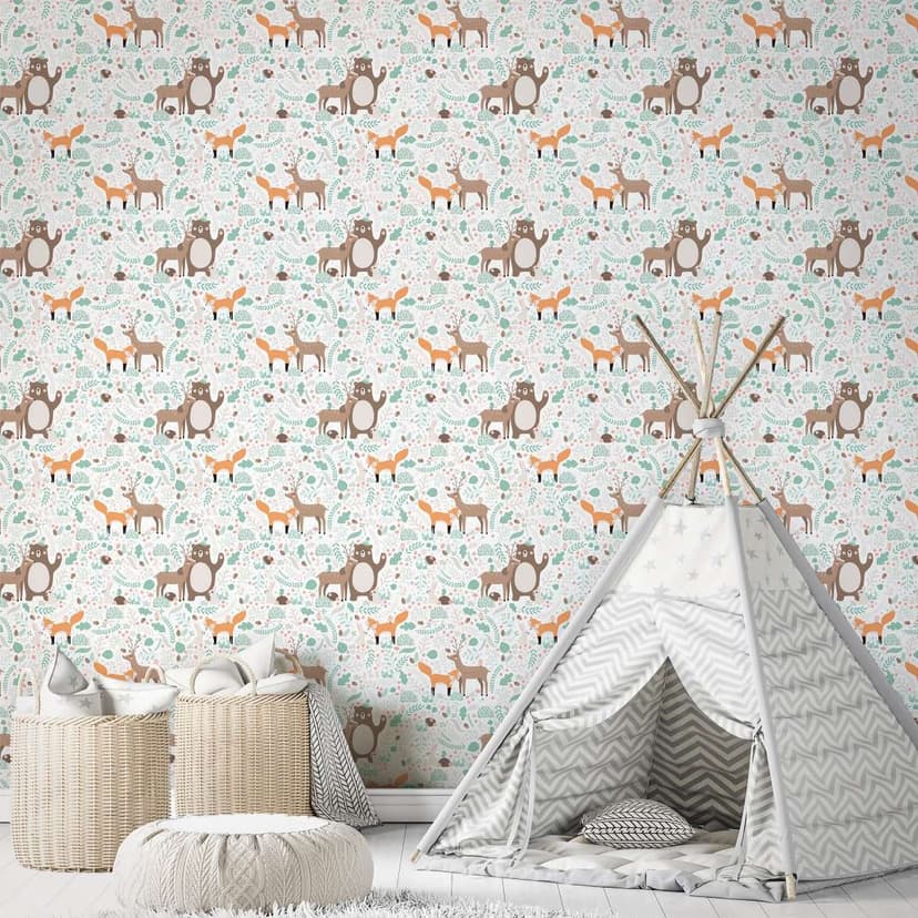 Carta da parati per bambini, carta da parati in tessuto non tessuto con illustrazione Kids Walls bianco, verde, marrone