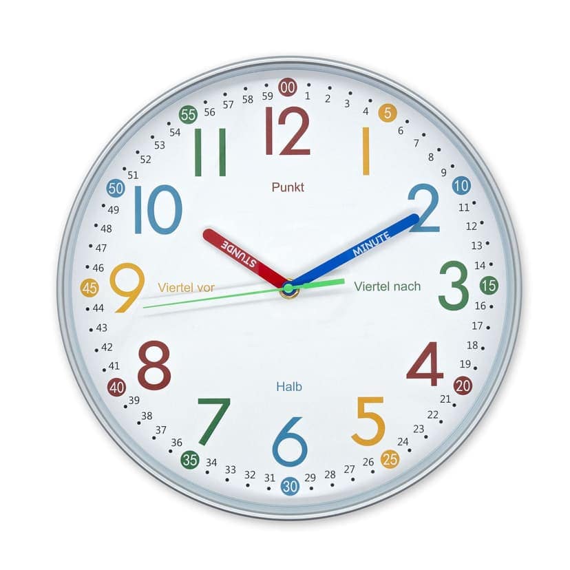 Orologio analogico per l'apprendimento Orologio da parete per la camera dei bambini Orologio per bambini silenzioso per bambini della scuola primaria Aspetto in metallo Ø30 cm