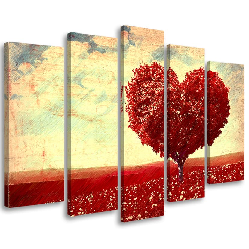 Stampa su tela 5 pezzi Paesaggio albero cuore rosso