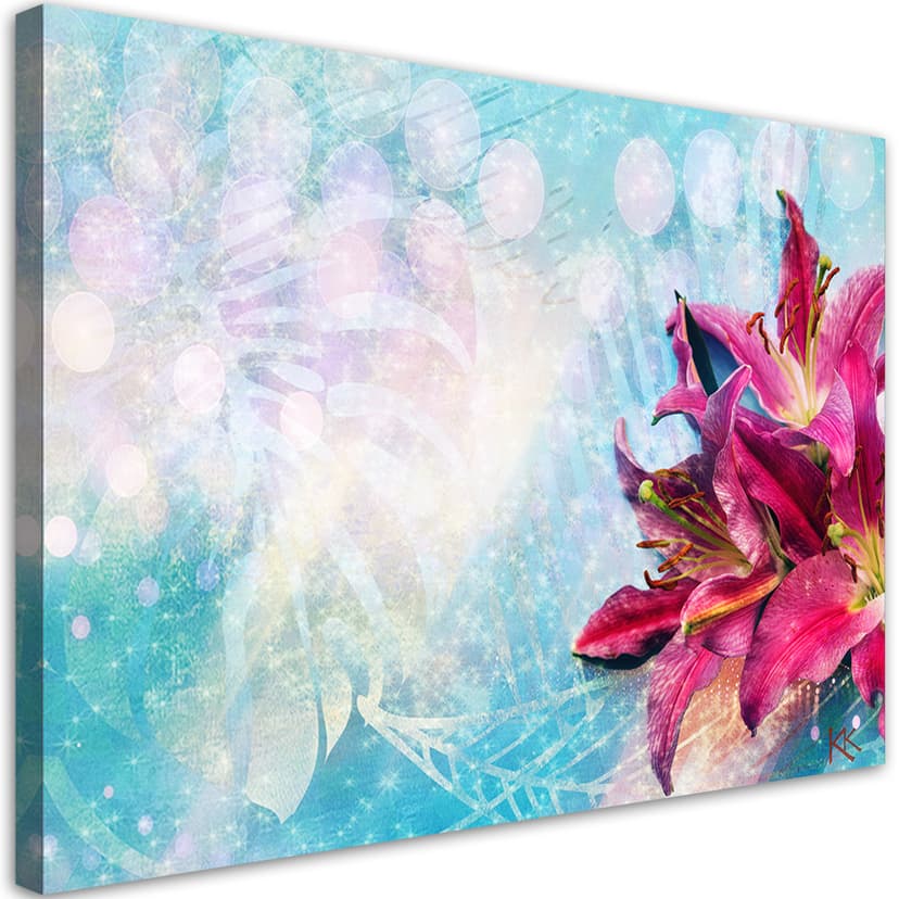 Stampe su tela, Fiori rosa su sfondo blu