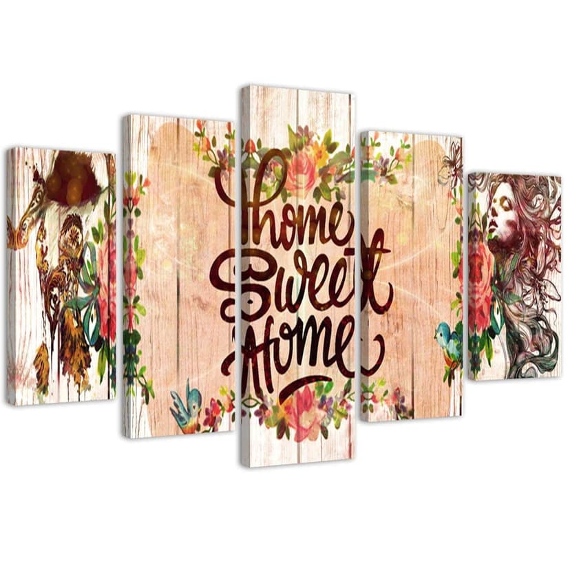 Stampa su tela 5 pezzi, scritta Home Sweet Home
