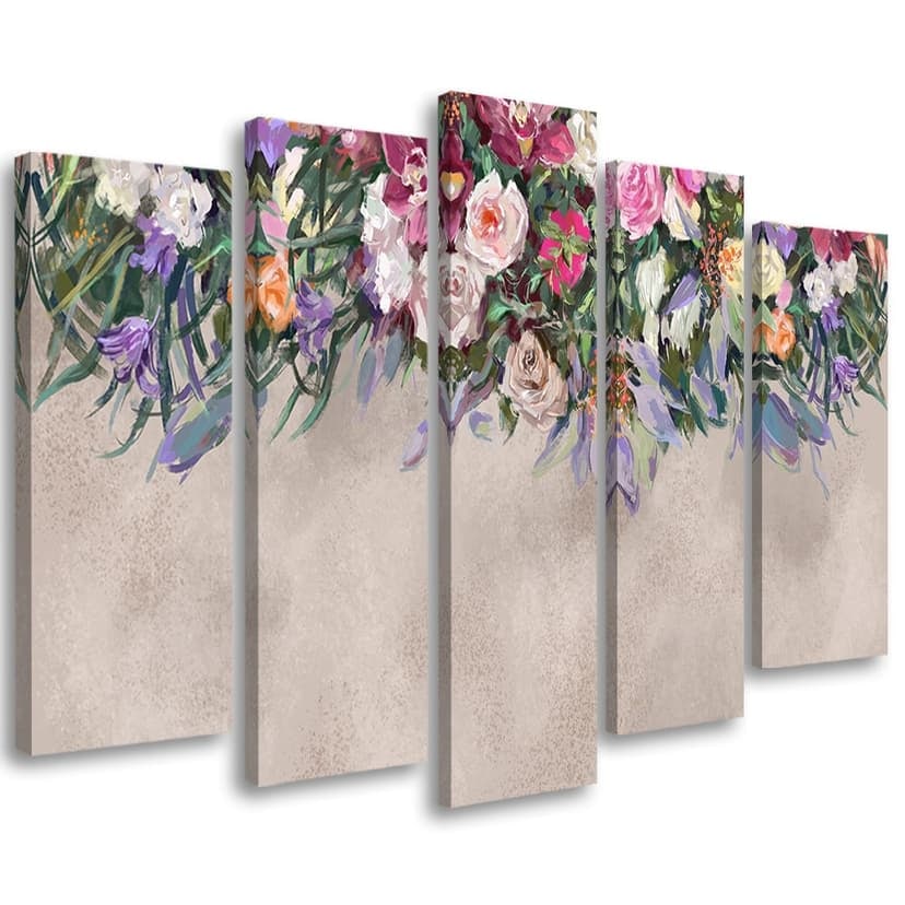 Stampa su tela 5 pezzi, fiori ricoperti di vegetazione
