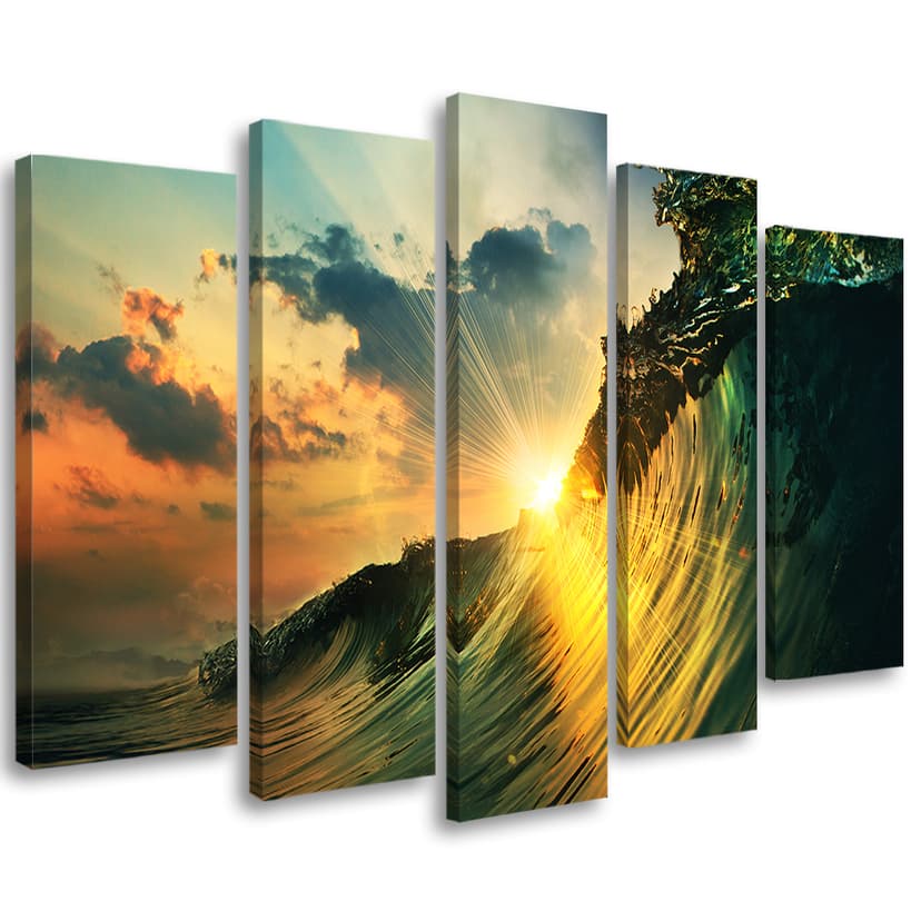 Stampa su tela 5 pezzi, onde mare cielo tramonto