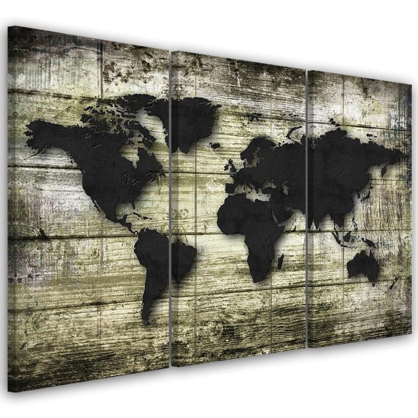 Stampa su tela 3 pezzi, mappa del mondo in legno retrò