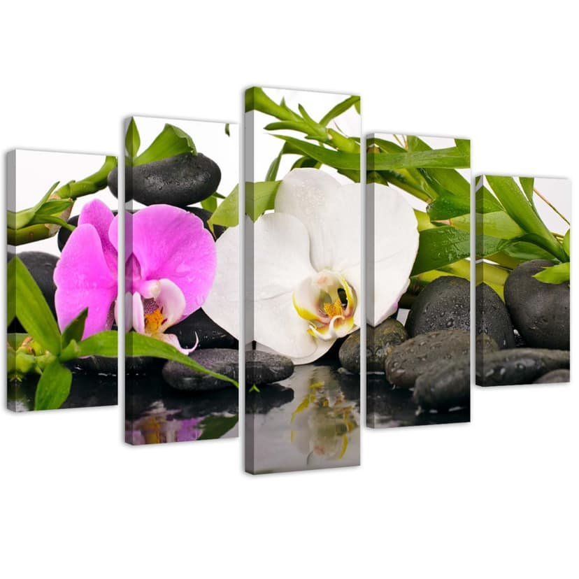 Stampa su tela 5 pezzi, orchidee e pietre di bambù