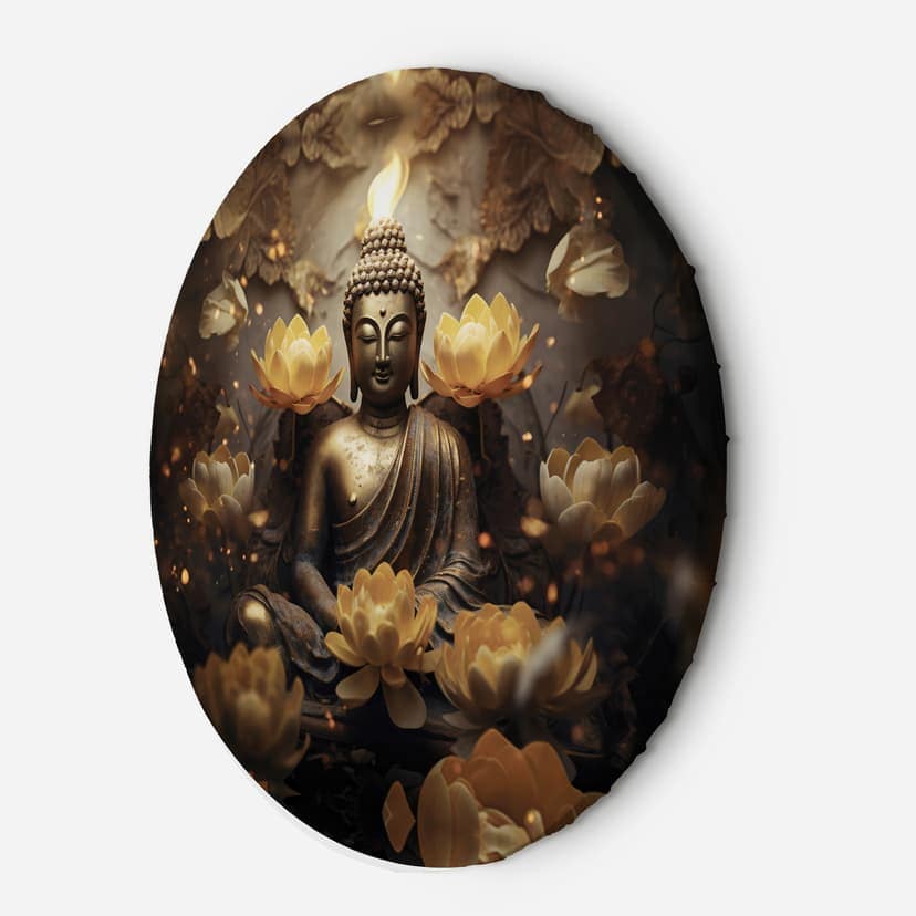 Quadro su tela rotonda AI Buddha d'oro e fiori di loto