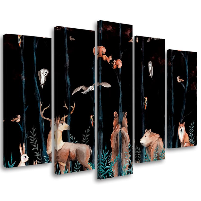 Stampa su tela 5 pezzi, animali della foresta cervo orso volpe
