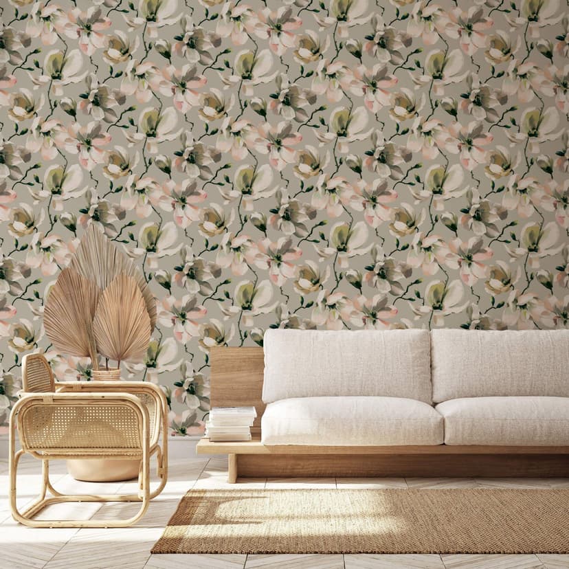 Carta da parati, tessuto non tessuto floreale Flora beige, bianco