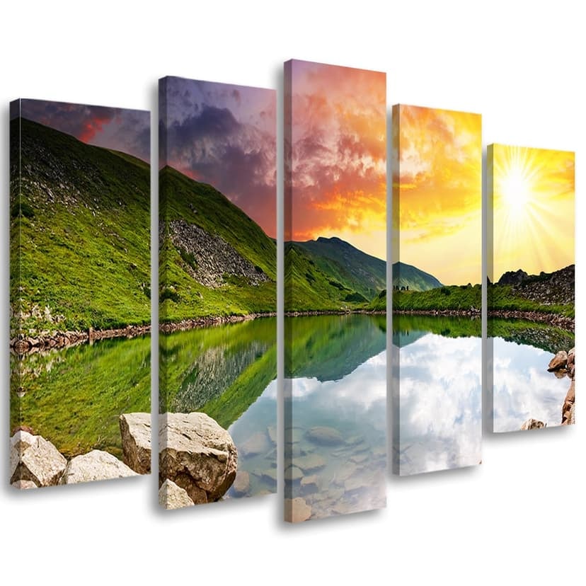 Stampa su tela 5 pezzi, Tramonto Paesaggio Lago