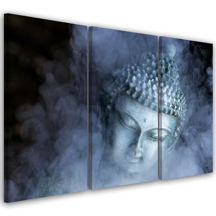 Stampa su tela 3 pezzi, Buddha Zen nebbia blu