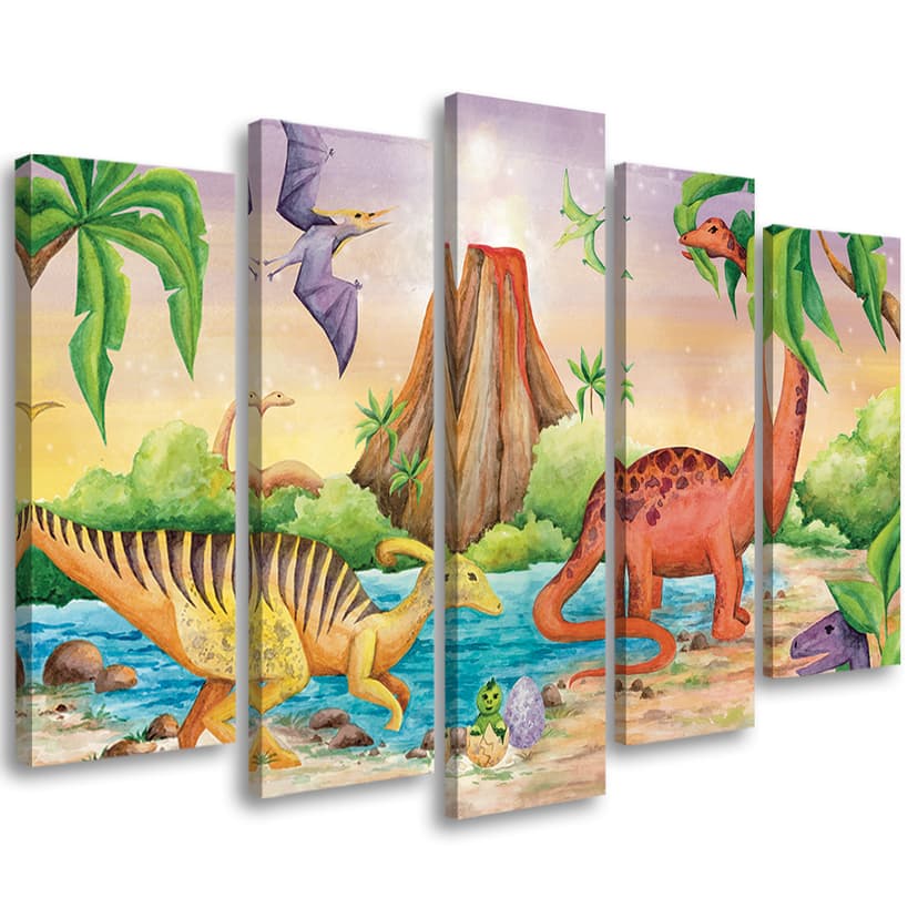 Stampa su tela in 5 parti, Dinosauri al lago