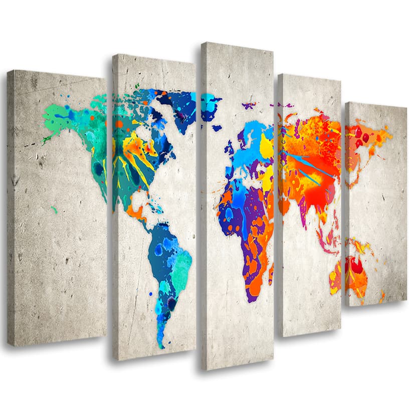 Stampa su tela 5 pezzi, mappa del mondo multicolore
